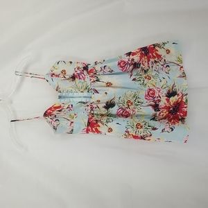 ALYN PAIGE Blue / Red Floral Front/Back Zip Spaghetti Strap Mini/Midi Dress